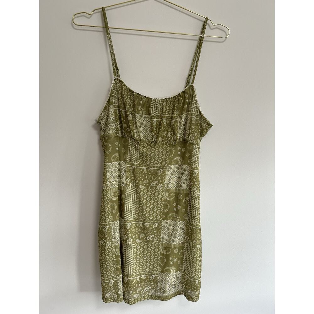 Y2K Babydoll Patchwork‎ Dress Mini Bandana Paisley Patchwork Mesh Green Large
